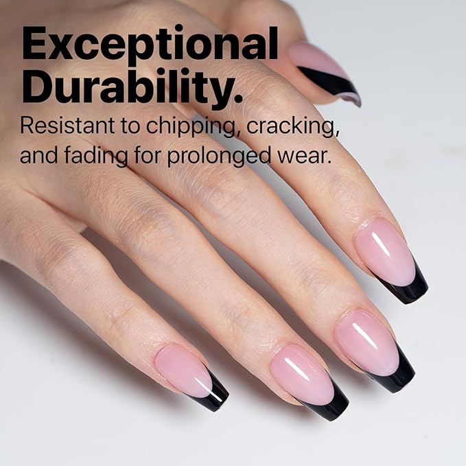 SXC Cosmetics French Tip Press On Nails 150 Pieces in 15 Sizes Ultra Fit with Pre-applied Tip Primer and Base Coat, No Need to File Fake Nails for Nail Art DIY X-Pro Tips (BLACK119-S Coffin)
