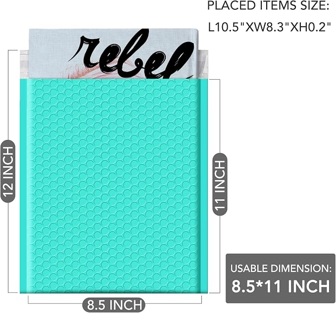 GSSUSA Teal Bubble Mailers 8.5x12" 500 Pack Padded Envelopes Self Seal | 8.5x11" Usable Size, Shipping Bags for Clothes Books, Strong Adhesion, Tear Proof Waterproof, Small Business Package Supplies