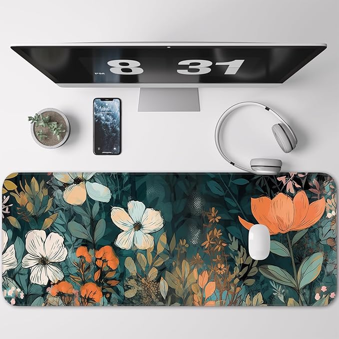 Floral Plant Mouse Pad, Non-Slip Rubber Base Stitched Edges, Large Gaming Mouse Pad for Laptop, Computer, Keyboard, 31.5 x 11.8 Inch, Desktop Decor