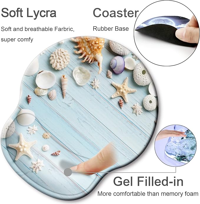 Ergonomic Mouse Pad with Wrist Support Rest,Large Mousepad Gel Wrist Rest, with Coaster Non-Slip & Pain Relief for Computer, Desk, Home&Office-Seashell