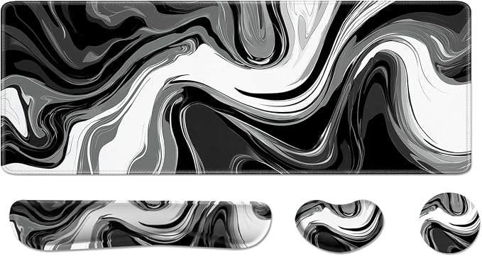 Desk Pad and Keyboard Wrist Rest, Large Mouse Pad + Keyboard Pad+Mouse Wrist Support, Non-Slip Desk Mat Protector for Office, Home 31.5×11.8 Inches Black & White Abstraction