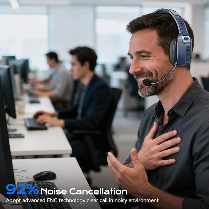 LEVN Bluetooth Headset with Microphone, Trucker Bluetooth Headset with AI Noise Cancelling & Mute Button, Wireless On-Ear Headphones 62 Hrs Working Time, for Trucker Home Office Remote Work Zoom Blue