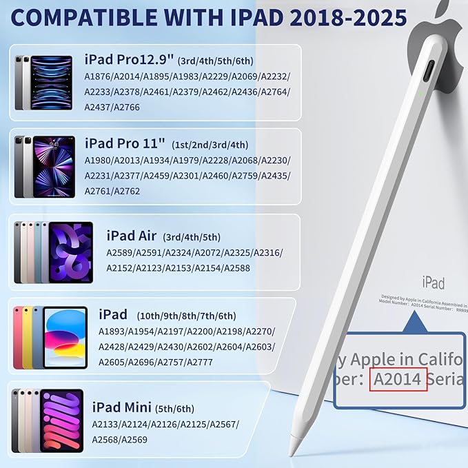 iPad Apple Pencil 9th&10th Generation, Fast Charge Stylus Pen for Palm Rejection and Tilt Sensitivity, Compatible with iPad Pro 11/12.9in, Mini 5/6, iPad 6/7/8/9/10, Air 3/4/5 (White)