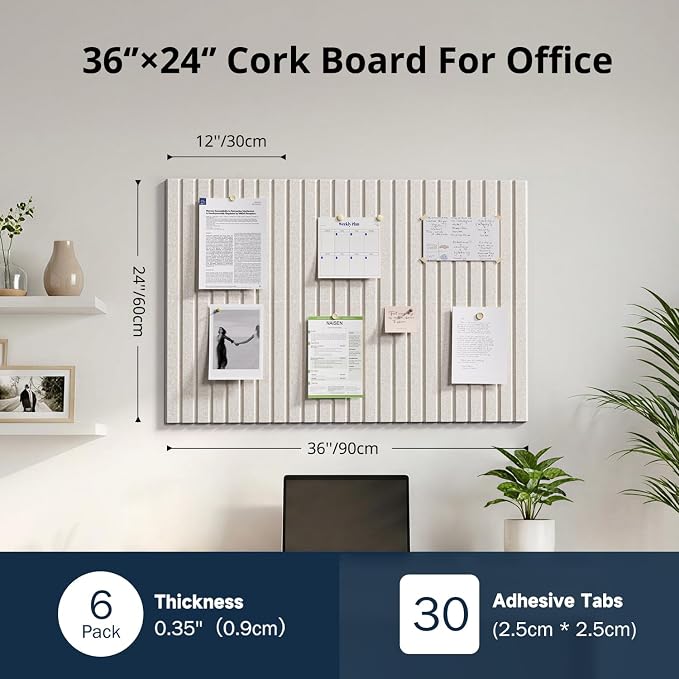 Felt Bulletin Board 36"×24" Cork Board with 30 Adhesive Tab Oatmeal | 6 Pack Cork Boards for Office, Pin Boards For Walls, Use in Bedroom Home Classroom Decor