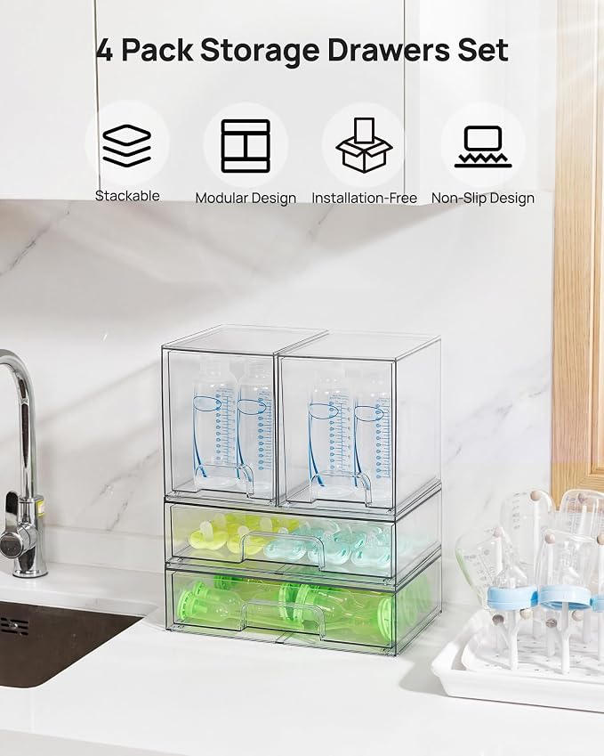 Vtopmart Clear Stackable Storage Drawers Set of 4, Baby Bottle Organizer | Plastic Organizer Bins for Makeup, Cosmetics, Beauty Supplies,Ideal for Vanity, Bathroom,Cabinet,Pantry Organization