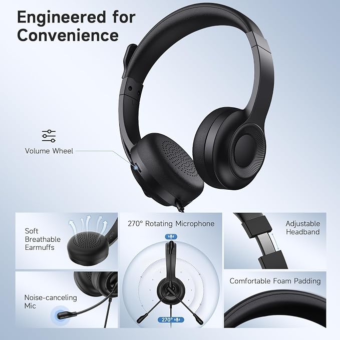 AOC USB Headset with Microphone for PC, On-Ear Wired Headphones with Mic | with Noise-Cancelling, 40mm Audio Drivers, USB-A Computer Headset for Office, Teams, Call Centers & Online Meetings (Black)