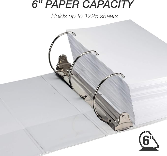 Samsill Durable 6 inch 3 Ring Binder, Locking D Ring Binder, Customizable Clear View Cover, White, Holds 1225 Pages