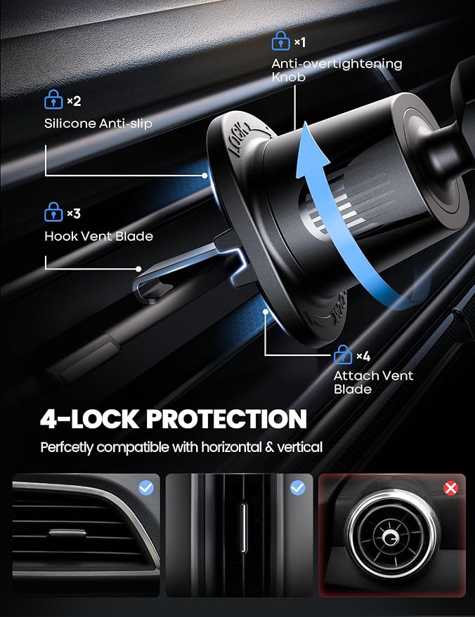 Lamicall 2026 Wider Clamp & Metal Hook Car Phone Holder Vent Accessories | Thick Cases Friendly Phone Holders for Your Car Mount Hands Free for Women Men for iPhone 17 16 15 14 13 Pro Max Lucite Black