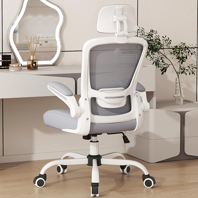 Mimoglad Office Chair, High Back Ergonomic Desk Chair with Adjustable Lumbar Support and Headrest, with flip-up Armrests for Guitar Playing, 5 Years Warranty (Moon Grey)