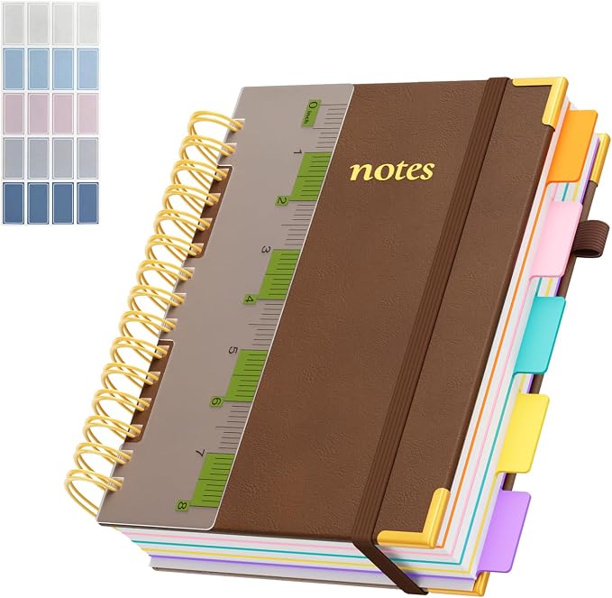 XYark A5 Hardcover Spiral Notebook, 6.3"x8.5" College Ruled Notebooks with Removable Dividers Tabs & Ruler, 5 Subject Notebook 300 Pages, Small Lined Journal for Women Men School Work Office, Brown