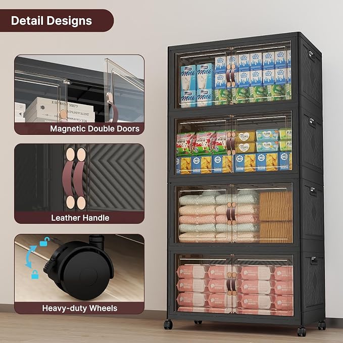 Stackable Storage Bins with Lids, 480QT Lockable Storage Cabinet | Folding Storage Box with Doors and Wheels, Collapsible Plastic Drawers for Home, Garage, Office