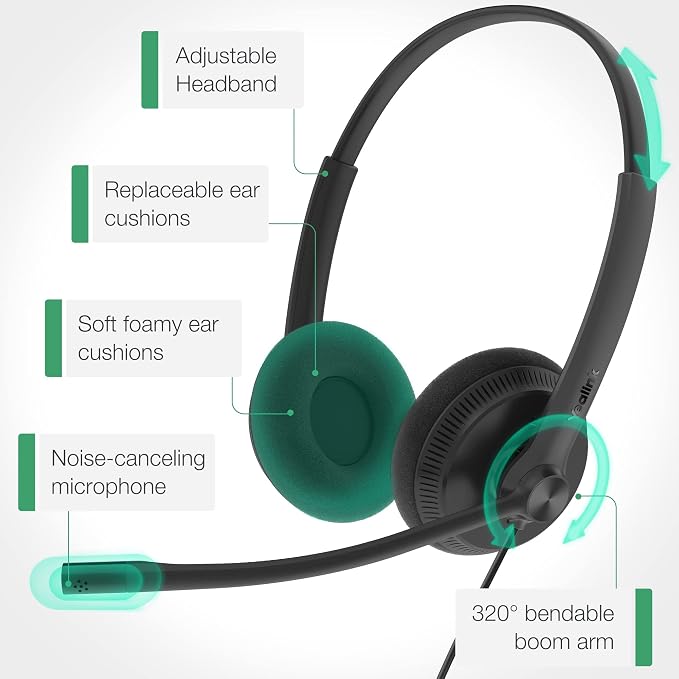 Yealink Phone Headsets for Office Phones YHS34 Lite QD to RJ9 Wired Headset Compatible with Poly Snom Grandstream Phones Desk Landline Headset with Microphone -Dual/111g/2.1m Cable