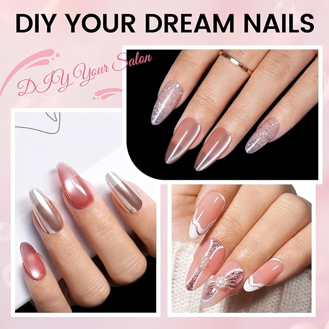 AILLSA Nail Tips with Glue Kit Medium Almond Nail Tips 120pcs, Solid Gel Nail Glue 30g for Acrylic Nail Kit, Full Cover Portable Mini U V Nail Lamp for Women Beginners