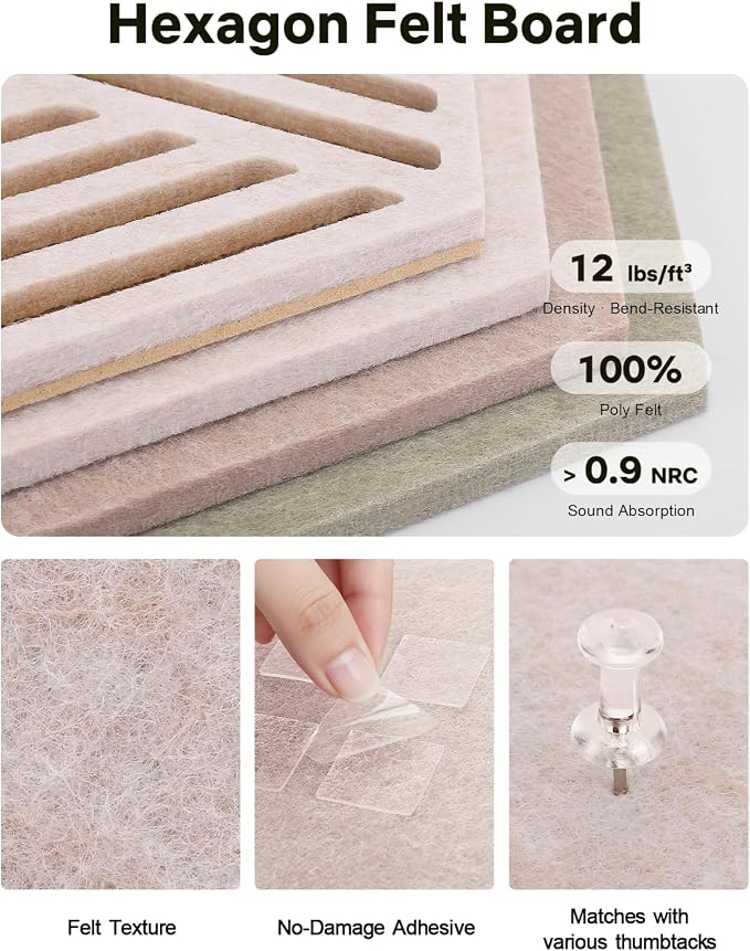 Hexagon Cork Bulletin Board Tiles, Felt Pin Board | Wall Panels for Vision, Message Center, Picture and Prayer Board(Linen Dusk)