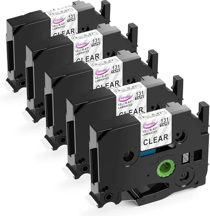 Anycolor TZe-131 TZ Tape 12mm 0.47 Laminated Clear P-Touch Label Tape Clear | TZe131 TZ-131 Black on Clear Tape for Brother PTouch PT-D210 PTH110 PTD220 PTD410 PTD400 D600 Label Maker, 5-Pack