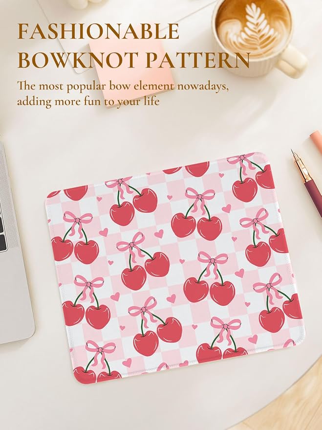 Cute Mouse Pad Red Cherries Pink Bow Heart Plaid Mousepad, Waterproof Mouse Mat Design Cloth, Non-Slip Rubber Base Computer Funny Mouse Pads, Small Mouse Pad Desk Accessories
