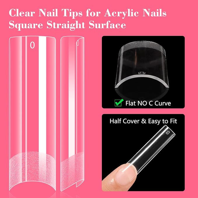 LIONVISON XL Square Nail Tips: NO C Curve for Acrylic Nails Professional | 240PCS Clear Long Straight Flat Pre-Shaped Half Cover False Nails French Tips for Nail Salon Home DIY - 12 Sizes