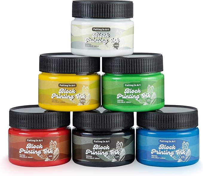 Falling in Art Water-Soluble Block Printing Ink, 6-Color Printmaking Ink Set for Linoleum Block, 3.5 floz