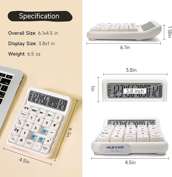 Mechanical Switch Calculator, 12 Digit Large LCD, Big Buttons | Real Mechanical Keypad with Tactile Feedback for Office Work, Study, and Everyday Use