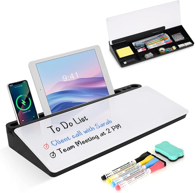 Desktop Glass Whiteboard with Storage, Desk Dry Erase White Board Stand | Computer Keyboard Stand, Office Desk Organizers and Accessories with Drawer, To Do Memo Notepad, Home School Supplies