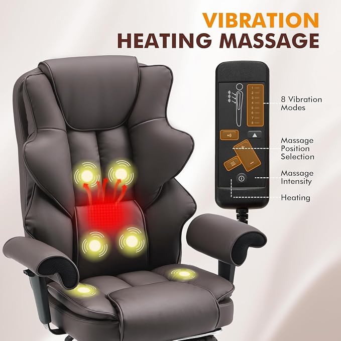 6-Point Massage Executive Chair,Heat Office Chair,Ergonomic Home Office Desk Chairs with Retractable Footrest and Reclining Function,Leather Computer Chair with Adjustable Armrest(‌Brown)