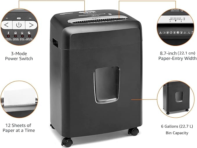 Amazon Basics 12 Sheet High Security Micro Cut Paper, Credit Card and CD Shredder with 6 Gallon Easy Emptying Bin, Casters, Black