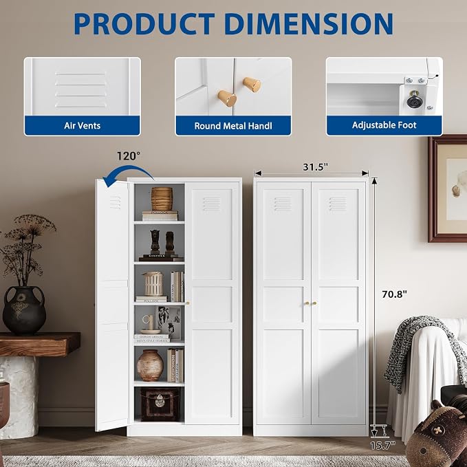 Fesbos Metal Storage Cabinet-71” Tall Steel File Cabinets with Doors and 5 Adjustable Shelves-White Steel Storage Cabinet for Home,Kitchen, School, Office, Garage