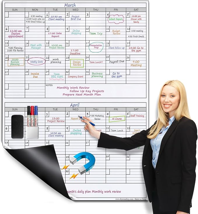 Magnetic Dry Erase Calendar for Wall 2 Month,38 x 50 in Calendar Magnetic | 50x38 Extra Large Giant Huge Monthly Laminated Erasable Whiteboard Calendar, Bimonthly 60 Days Reusable Planning for Office