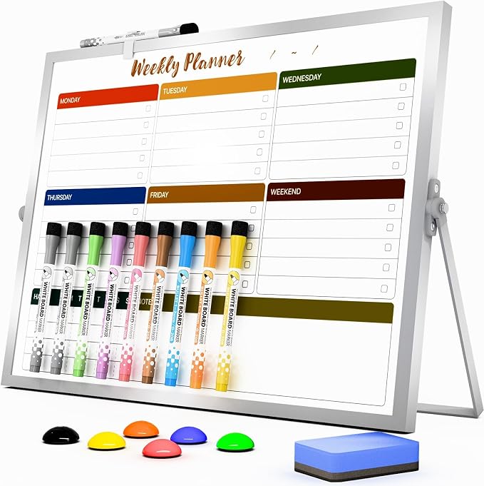 Weekly Calendar Whiteboard with Stand, Dry Erase Magnetic 16"x12" | 10 Markers, 6 Magnets, 1 Eraser, Portable Desktop Weekly Schedule Whiteboard for School, Office & Home Planning