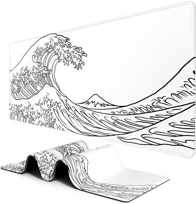 BOSOBO Large Desk Mat, XXL Extension - Gaming & Office Home Use, Full Cover 31.5 x 11.8 Inches, Art Kanagawa Surfing White