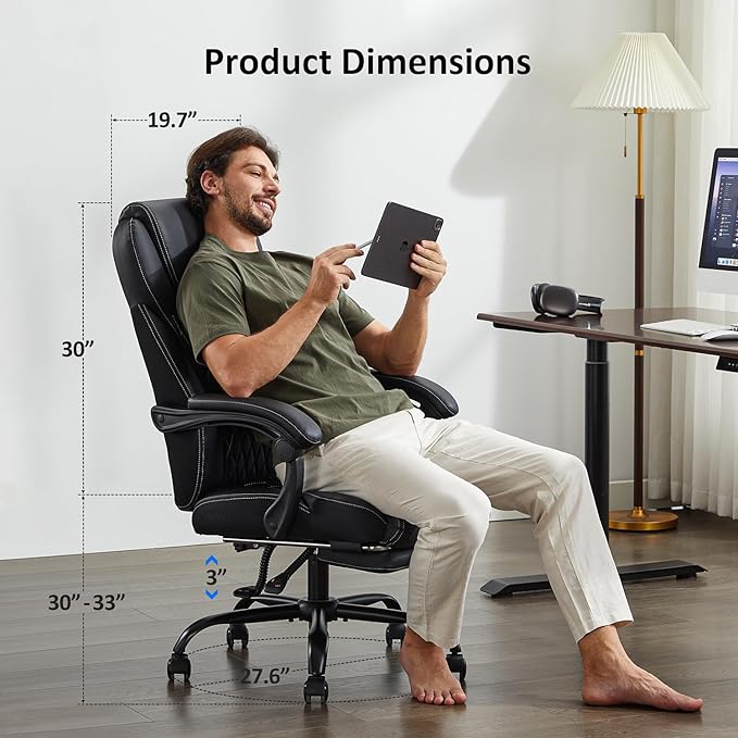 Office Chair, Big and Tall Office Chair with Foot Rest Ergonomic Chair for Home Desk, Reclining High Back Leather Chairs with Lumbar Support(Black)
