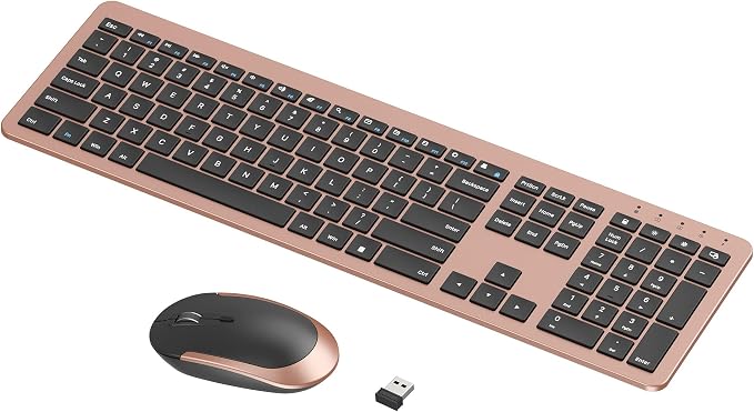 seenda Rechargeable Wireless Keyboard and Mouse Combo, Rose Gold & Black | Quiet, slim full-size keyboard with numpad, 2.4GHz USB receiver, USB-C charging, 3-level DPI mouse for Windows PCs/laptops