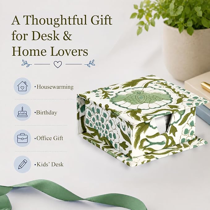 CPC Agate Green Block Print Cotton Desk Organizer Sticky Note Holder | Cute, Aesthetic, Decor Accessories, Workspace Organizers, Caddy Storage, Gift for Office, Professionals, Student