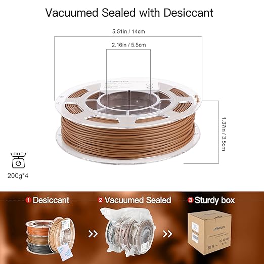 AMOLEN Wood PLA Filament Bundle 3D Printer Filament Wood Sets,Walnut,Cherry,Bamboo,Ebony,3D Printing Filament,PLA Filament 1.75mm,200g*4 Spools