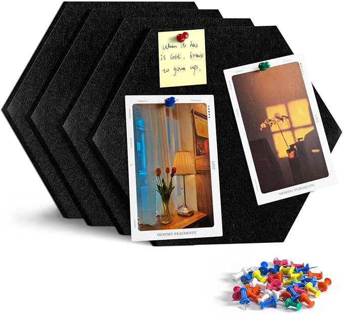 4 Pack Hexagon Felt Bulletin Board Tiles - 12" Large Thick Pin Board for Walls with 30 Push Pins, DIY Boards for Office Home School Decor, Aesthetic Hex Cork Board Alternative