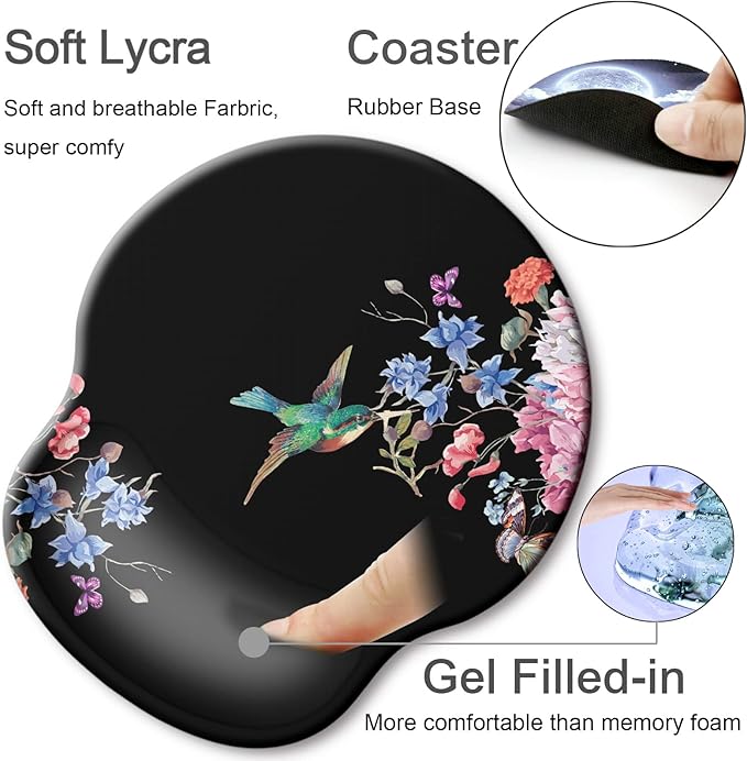 Ergonomic Mouse Pad with Wrist Support Rest,Large Mousepad Gel Wrist Rest, with Coaster Non-Slip & Pain Relief for Computer, Desk, Home&Office-Hummingbird