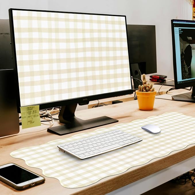 L-SPOUTTO Beige Checkered Mouse Pad,Scalloped Desk Mat XXL Gaming Mousepad | Cottagecore Gingham 35.4x15.7in Large Non-Slip Base Keyboard Pad Waterproof Desktop Mat for Laptop Computer Game Home Office