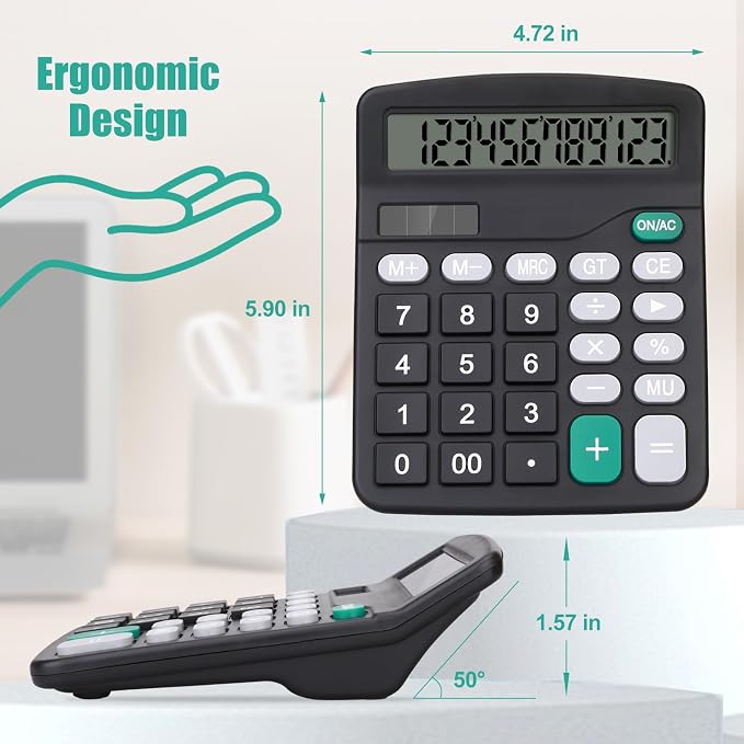 Desktop Calculator, Black Calculator Big Buttons, 12-Digits | Large LCD Display, Solar and AA Battery Dual Power, Desk Calculators for Office Home School Business Class (Black)