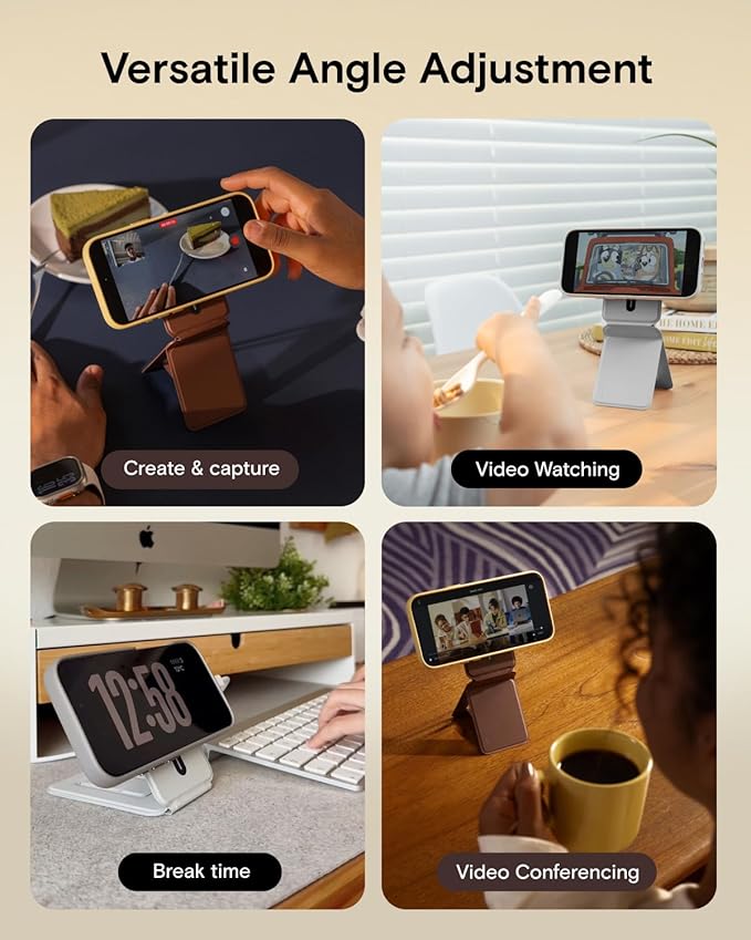 MOFT Phone Stand, Magnetic Phone Tripod Stand Stain-Resistant MOVAS Leather & Angle Adjustment & Strong Magnets Tripod for iPhone 17/16/15/14/13/12 (Included Metal Ring)-Cement