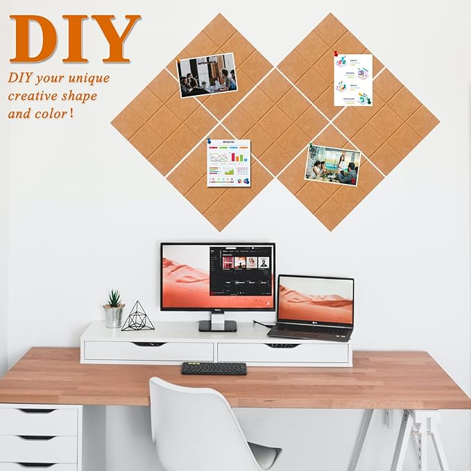 Large Square Felt Cork Board Tiles, Self Adhesive DIY Felt Bulletin Board Pin Board with 35 Pushpins for Office School Home Wall Decor Stickers Memos Photos Display (Deep Camel)