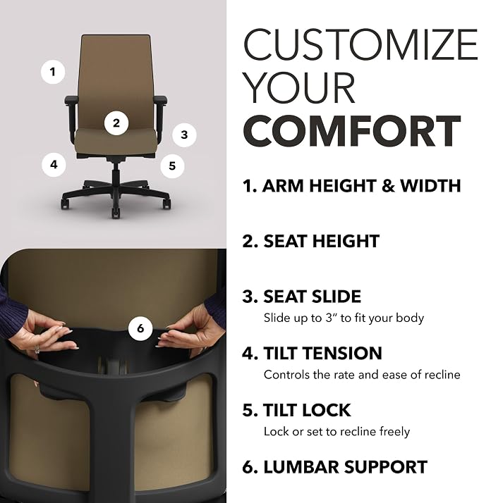 HON Ignition 2.0 Ergonomic Office Chair, Lumbar Support, Quicksand | Ergonomic office desk chair with lumbar support, adjustable arms, office decor, workstation comfort for focused productivity
