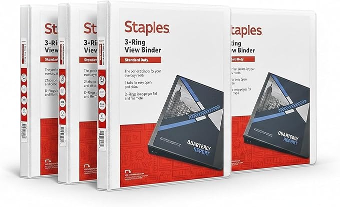 Staples 1/2" 3-Ring View Binder, D-Ring, White, 4/Pack