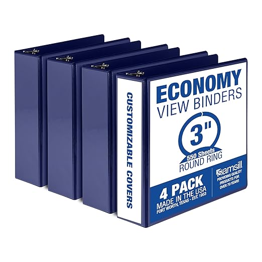 Samsill 3 Inch 3 Ring Binders, Economy Round Ring, Clear View Cover, 550 Sheet Capacity - for School, Home, Office - Blue, 4 Pack