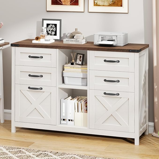 Halitaa Farmhouse Lateral File Cabinet with 6 Drawers, White and Brown | Lateral Filing Cabinet for Letter/A4 Size Hanging File, Wood File Storage Cabinet Printer Stand for Home Office Cabinet