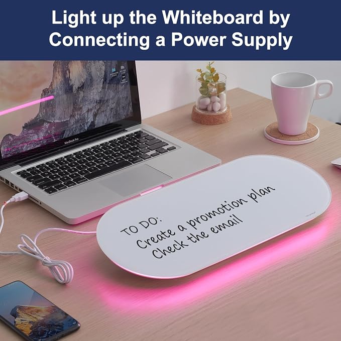 Glass Desktop Whiteboard - 17 X 7 Inches Small Dry Erase Board with Pink Light, Glass White Board Surface Notepad with 1 Drawer, Desk Organizers for Office, Home, School Supplies