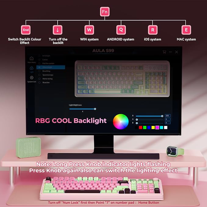 AULA Keyboard, Wireless Gaming Keyboard Creamy Bluetooth Computer Keyboards | 99 Key, Membrane Keyboard with Number Pad,RGB Backlit,Tri-Mode BT/2.4GHz/USB-C,Pink&Green&Coffee Color