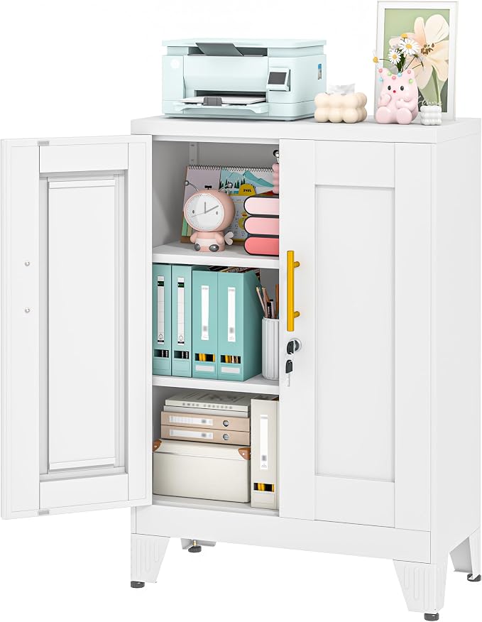 36" Metal File Garage Storage Cabinet with Lock,Lockable Office File Cabinet with 2 Doors and 2 Adjustable Shelves,Outdoor Steel Locker Organizer for Home Office,Gym,School,Warehouse(White)
