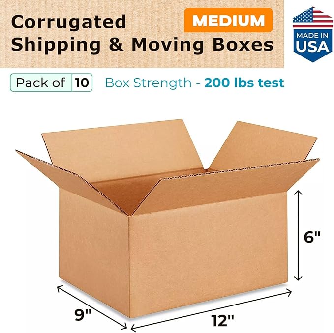 Medium Moving & Shipping Boxes 12x9x6 inches (10-Pack) - Extra Strength 200 lb vs Regular - USA-Made Corrugated Packing Boxes for Moving Medium Volume - Strong Carton Packaging Box by IDL Packaging
