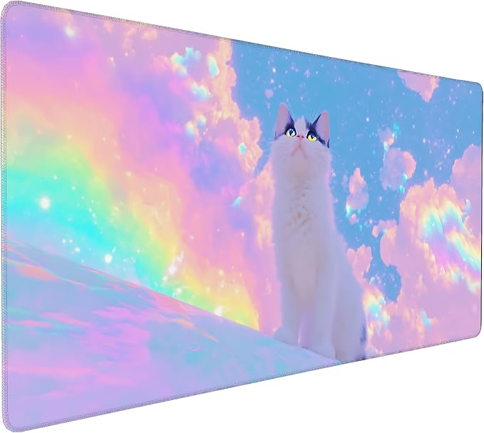Cute Anime White Cat Gaming Mouse Pad, Sky Blue Dreamy Desk Mat with Anti-Slip Base & Stitched Edges, Office & Home Desk Decor for Women, 35.4" x 15.7" in Computer Desktop Mat