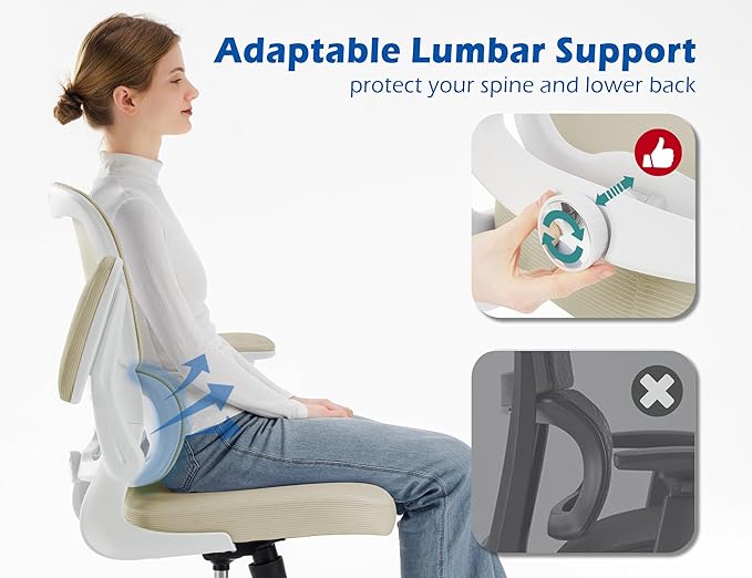 TRALT Ergonomic Office Chair Desk Chair with Adjustable Lumbar Support | Desk Chair Comfy with Flip-up Armrests Ergonomic Chair - Mesh Computer Chairs for Adults, 330lbs, PU Leather (Beige, 1)